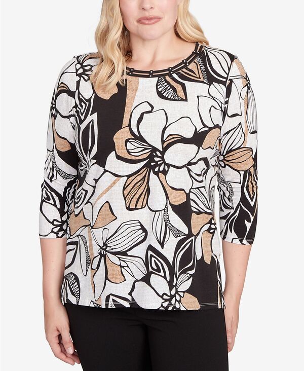 アルフレッド ダナー レディース トップス シャツ フラワー柄 フラワー Alfred Dunner Women Floral Leaf Embellished Top Black/Tan ブラック