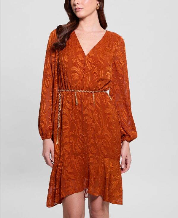ゲス レディース トップス ワンピース シフォン A ライン プリント GUESS Women's Deztiny Printed Chiffon A-Line Dress Orange オレンジ|ReVida 店
