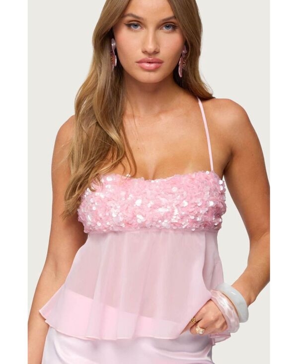 アディクテッド レディース トップス シャツ シフォン シアー スパンコール Edikted Women Vella Sequin Sheer Chiffon Top Pink ピンク