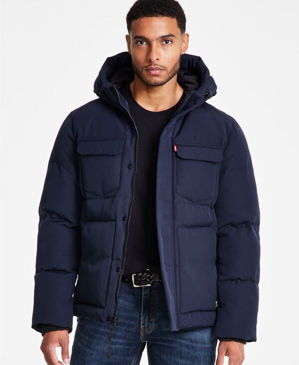 リーバイス メンズ アウター ジャケット・ブルゾン キルティング ジャケット Levi's Men's Quilted Hooded Puffer Jacket Midnight Navy ネイビー