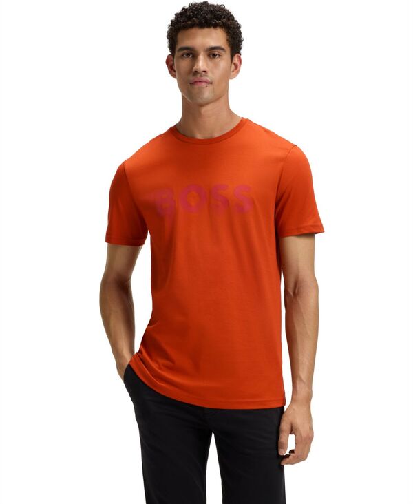 ヒューゴボス メンズ トップス Tシャツ プリント シャツ コットン ジャージー ロゴ Hugo Boss Men's Cotton-Jersey Rubber-Print Logo T-Shirt Orange オレンジ