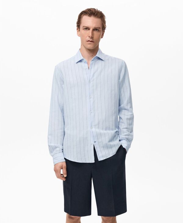 マンゴ メンズ トップス シャツ リネン MANGO Men's Linen Pinstripe Shirt Sky Blue ブルー｜ReVida 店