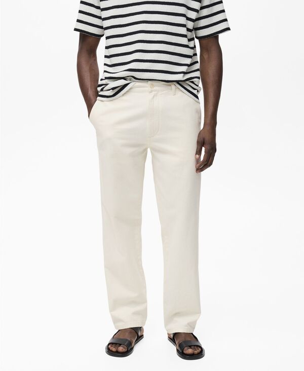マンゴ メンズ ボトムス デニムパンツ コットン リネン ジーンズ MANGO Men's Cotton-Linen Blend Regular-Fit Jeans Off White オフホワイト｜ReVida 店