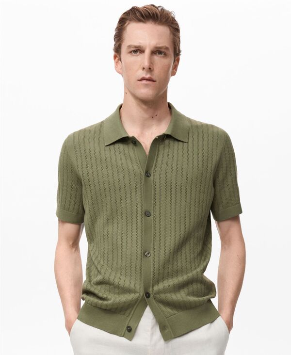 マンゴ メンズ トップス シャツ コットン MANGO Men's Openwork Detail Cotton Shirt Green グリーン