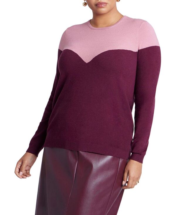 エロクイ レディース アウター ニット・セーター プラスサイズ セーター カラーブロック ELOQUII Women's Plus Size Sweetheart Colorblock Sweater Candy pink maroon banner マルーン