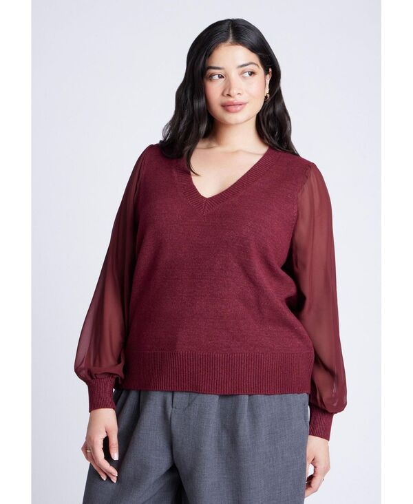 エロクイ レディース アウター ニット・セーター Vネック セーター シアー ELOQUII Women's Sheer Sleeve V-Neck Sweater Bordeaux