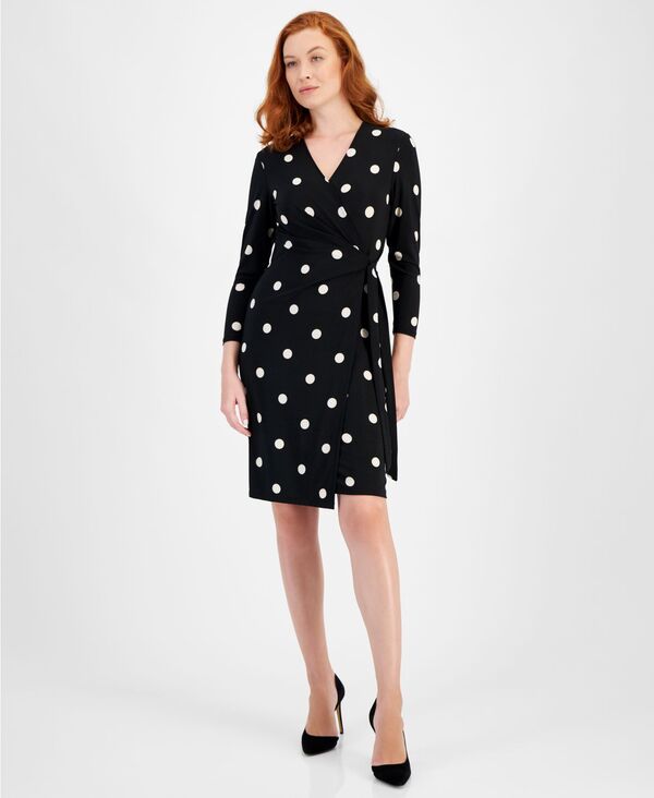 アンクライン レディース トップス ワンピース ラップワンピース プリント Anne Klein Women's Printed 3/4-Sleeve Wrap Dress XXS-P/XXL Anne Black/White Dot Print ホワイト|ReVida 店