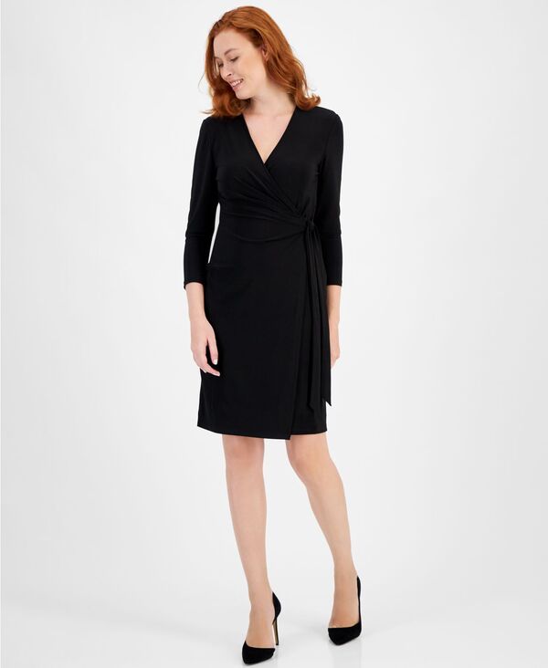 アンクライン レディース トップス ワンピース ラップワンピース プリント Anne Klein Women's Printed 3/4-Sleeve Wrap Dress XXS-P/XXL Black ブラック｜ReVida 店