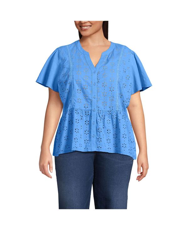 ランズエンド レディース トップス シャツ プラスサイズ Lands' End Women's Plus Size Short Sleeve Mixed Media Eyelet Top Crisp blue ブルー 10,904円