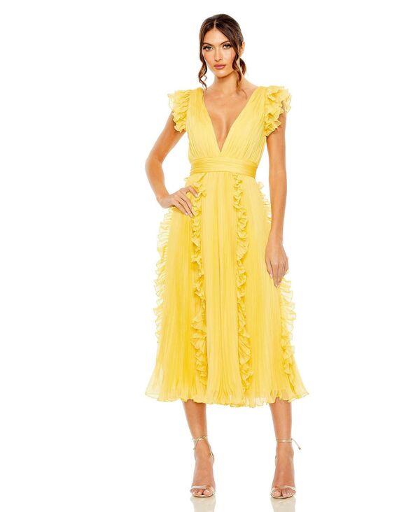 マックダガル レディース トップス ワンピース Vネック シフォン ミディワンピース プリーツ フリル ミディ Mac Duggal Women's Pleated Chiffon V Neck Ruffle Midi Dress Butter|ReVida 店