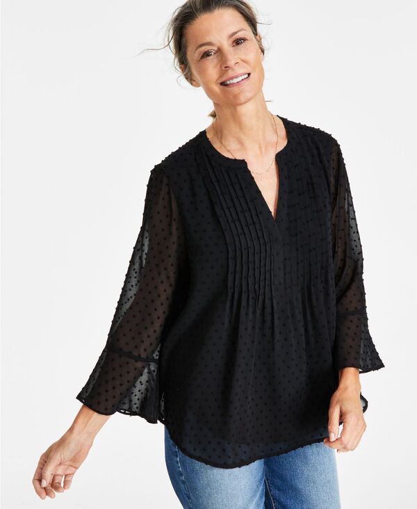 スタイルアンドコー レディース トップス シャツ フリル Style & Co Women's Textured Pintuck Ruffle Sleeve Top PP-4X Deep Black ブラック|ReVida 店