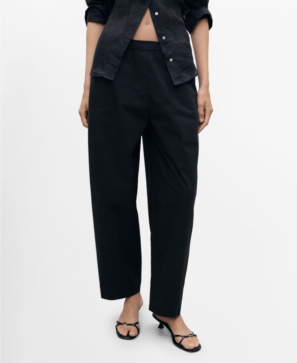 マンゴ レディース ボトムス カジュアルパンツ パンツ コットン MANGO Women's Paper Bag Cotton Pants Black ブラック