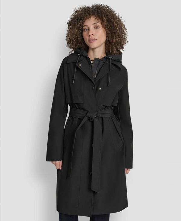 ダナ キャラン ニューヨーク レディース アウター ジャケット・ブルゾン コート DKNY Women's Hooded Bibbed Belted Trench Coat Black ブラック