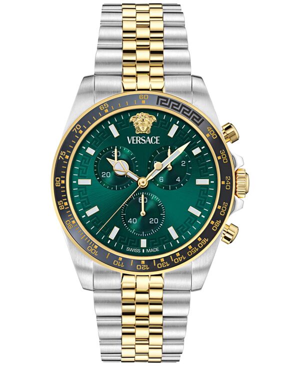 ヴェルサーチ メンズ アクセサリー 腕時計 Tシャツ Versace Men's Swiss Chronograph Greca Chrono Wave Two-Tone Stainless Steel Bracelet Watch 43mm Two Tone