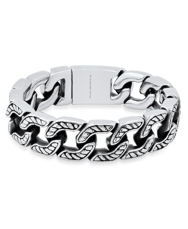 スチール写真ひと休み メンズ 付属物 ブレスレット・バングル・アンクレット ティーシャツ STEELTIME Men ’ s Heavy Oxidized Stainless Steel Accented Cuban Link Chain Bracelet Silver しろがね色 メンズジュエリー・アクセサリー-ジュエリー・アクセサリー