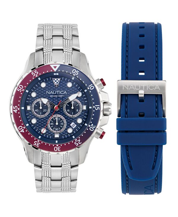 ナウティカ メンズ アクセサリー 腕時計 Tシャツ Nautica Men's Chronograph Silver-Tone Stainless Steel Watch Set 44mm Silver Tone シルバー 46,680円