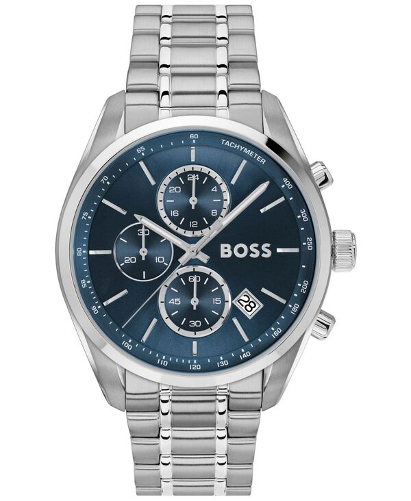 ヒューゴボス メンズ 付属品 ウオッチ プルオーバー Hugo Boss Men\u0027s Grand Prix 44 Quartz Chronograph Silver-Tone Stainless-Steel Watch 44.50粍 Silver-tone しろがね色