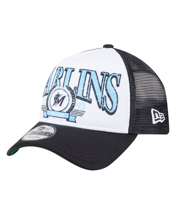 ニューエラ メンズ アクセサリー 帽子 New Era Men's Black Miami Marlins Distressed 9FORTY A-Frame Adjustable Trucker Hat Black ブラック｜ReVida 店