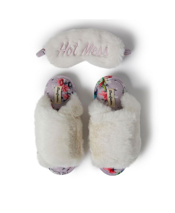 ディアフォームズ レディース シューズ サンダル Dearfoams Women's Louise Fuzzy Cross Band Slide Slipper with Eyemask Gift Set Muslin