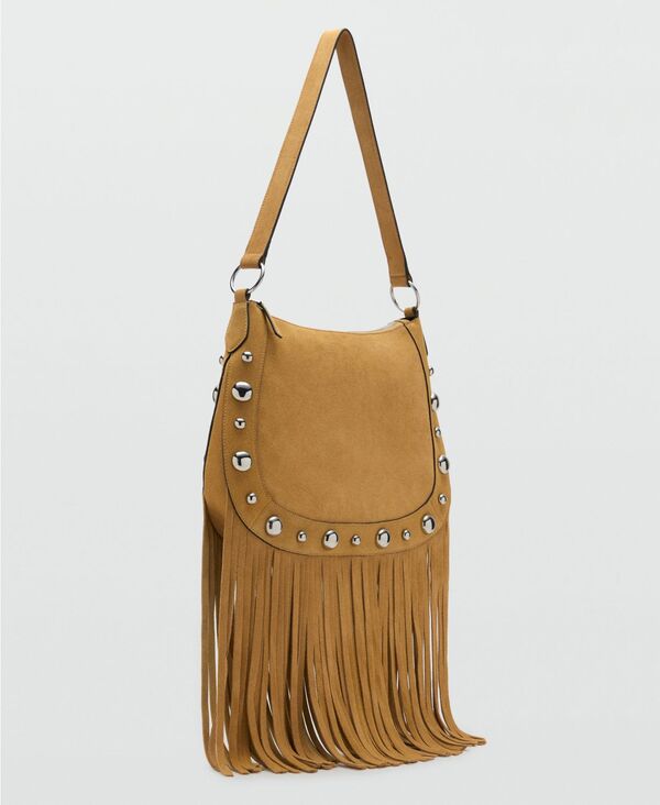 マンゴ レディース バッグ ハンドバッグ スエード フリンジ MANGO Women's Fringes and Stud Details Suede Bag Mustard マスタード