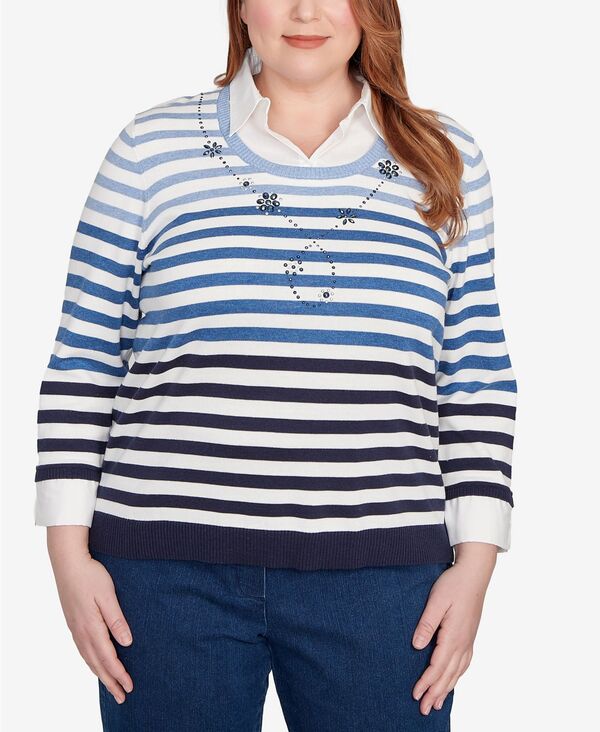 アルフレッド ダナー レディース アウター ニット・セーター プラスサイズ セーター Alfred Dunner Plus Size Classic Ombre Stripe Two In One Sweater Navy ネイビー