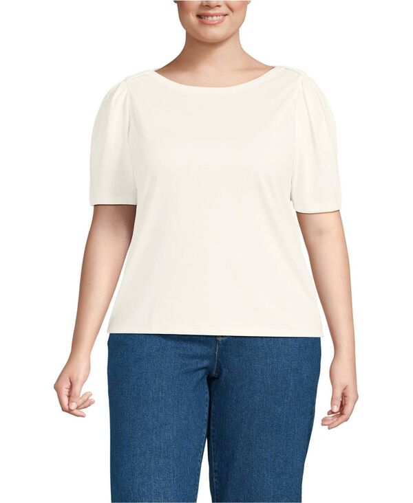 ランズエンド レディース トップス シャツ プラスサイズ Tシャツ コットン Lands' End Women's Plus Size Elbow Sleeve Supima Cotton Boatneck T-Shirt Ivory アイボリー
