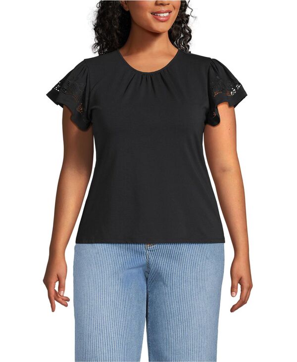 ランズエンド レディース トップス シャツ クルーネック プラスサイズ フリル ジャージー Lands' End Plus Size Lightweight Jersey Crew Neck Ruffle Sleeve Flowy Top Black ブラック 9,735円