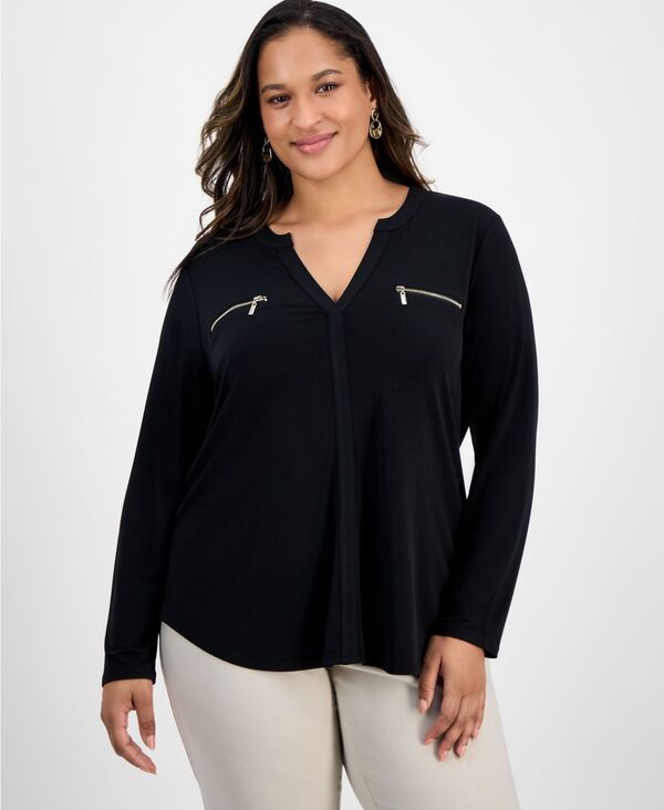ジェイエムコレクション レディース トップス シャツ Vネック プラスサイズ 長袖 JM Collection Plus Size Solid V-Neck Long-Sleeve Top Deep Black ブラック