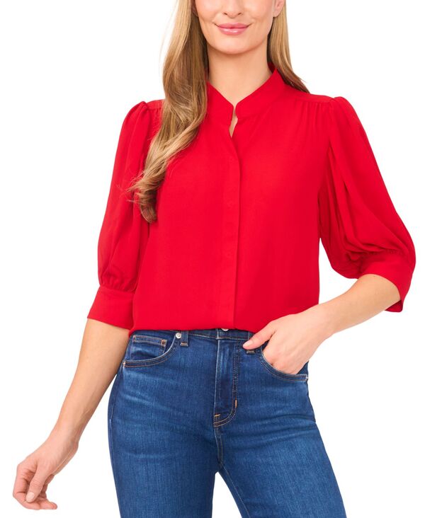 セセ レディース トップス シャツ ボタンダウン ダウン CeCe Women's 3/4-Sleeve Collared Button Down Top Luminous Red レッド｜ReVida 店