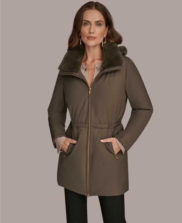 ダナ キャラン ニューヨーク レディース アウター ジャケット・ブルゾン コート Donna Karan New York Women's Faux-Fur-Collar Short Puffer Coat Hickory