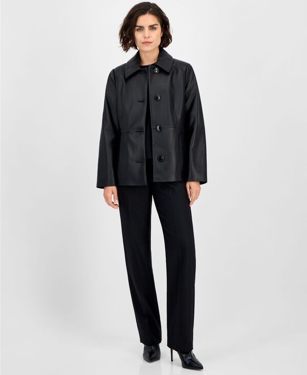 アンクライン レディース アウター ジャケット・ブルゾン コート レザー Anne Klein Women's Single-Breasted Leather Coat Black ブラック