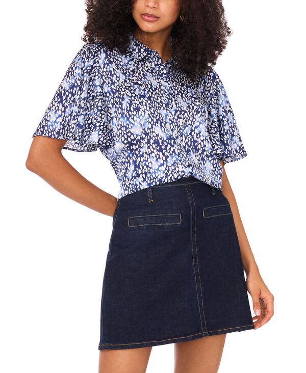 ヴィンスカムート レディース トップス シャツ プリント ブラウス Vince Camuto Women Printed Flutter-Sleeve Button Blouse Classic Navy ネイビー