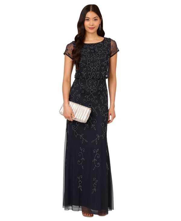 アドリアナ パペル レディース トップス ワンピース Adrianna Papell Women's Boat-Neck Beaded Blouson Gown 0P-20 Midnight