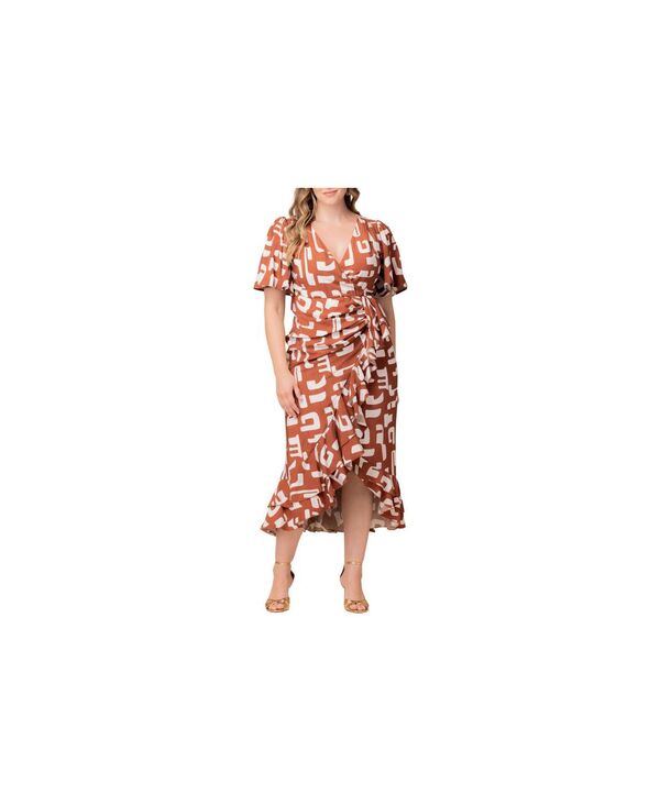 キヨナ レディース トップス ワンピース プラスサイズ フリル Kiyonna Plus Size Alexandra Ruffle Faux Wrap Gown Chocolate abstraction チョコレート