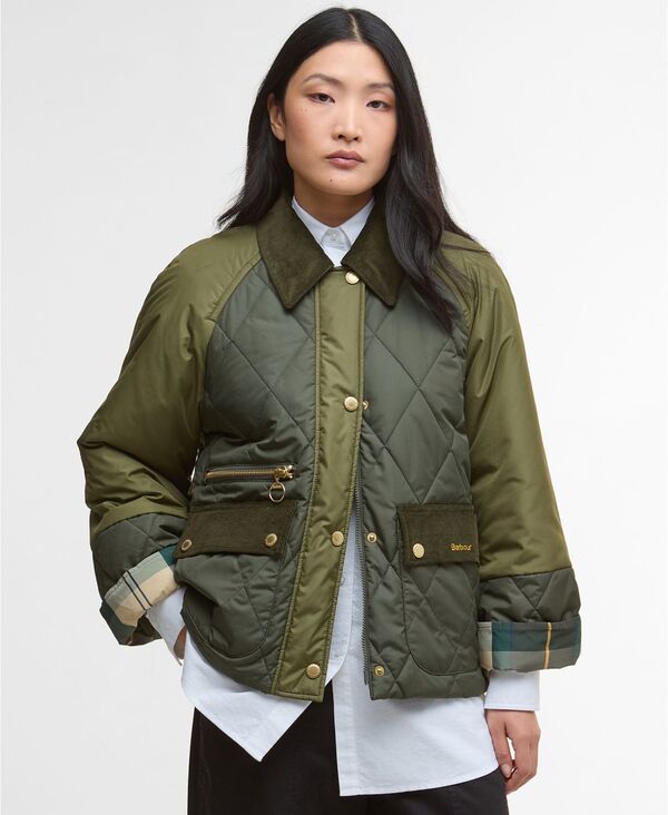 バブアー レディース アウター ジャケット・ブルゾン コーデュロイ キルティング ジャケット Barbour Women's Martha Corduroy-Collar Quilted Jacket Olive/Tartan オリーブ｜ReVida 店 43,080円