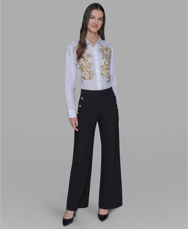 カール ラガーフェルド レディース ボトムス カジュアルパンツ パンツ KARL LAGERFELD PARIS Women's Side-Button Wide-Leg Ponte Pants P/XS-XL Black ブラック