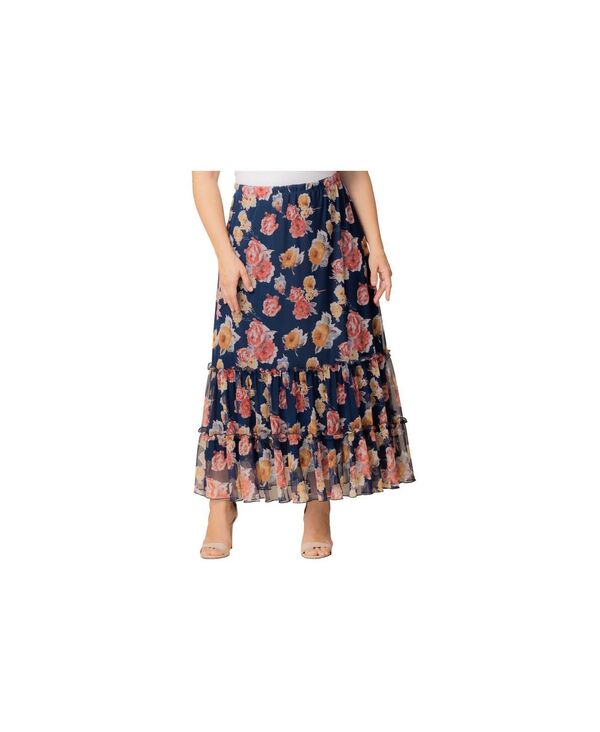 キヨナ レディース ボトムス スカート ティアード プラスサイズ メッシュ マキシ Kiyonna Plus Size Isla Tiered Mesh Maxi Skirt Brushed florals