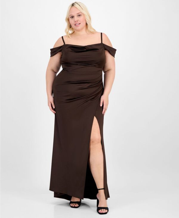 ビーダーリン レディース トップス ワンピース プラスサイズ サテン B Darlin Trendy Plus Size Off-The-Shoulder Satin Gown Med Brown ブラウン|ReVida 店