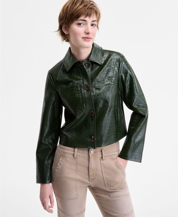 コーヒーショップ レディース アウター ジャケット・ブルゾン レザー ジャケット CoffeeShop Juniors' Croc-Embossed Faux-Leather Barn Jacket Dk Emerald エメラルド|ReVida 店