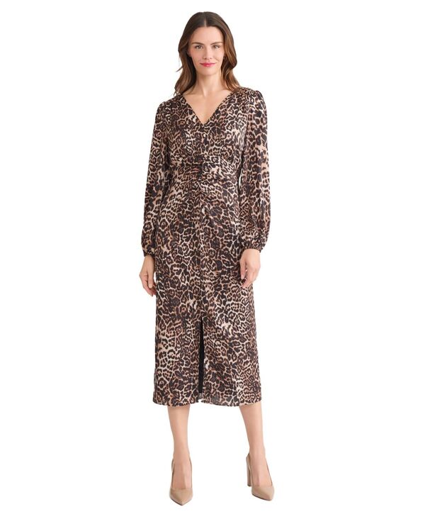 ジョーンズニューヨーク レディース トップス ワンピース ミディワンピース フロントスリット ミディ Jones New York Women's Long Sleeve Shirred Front Slit Midi Dress Light/pastel Brown ブラウン