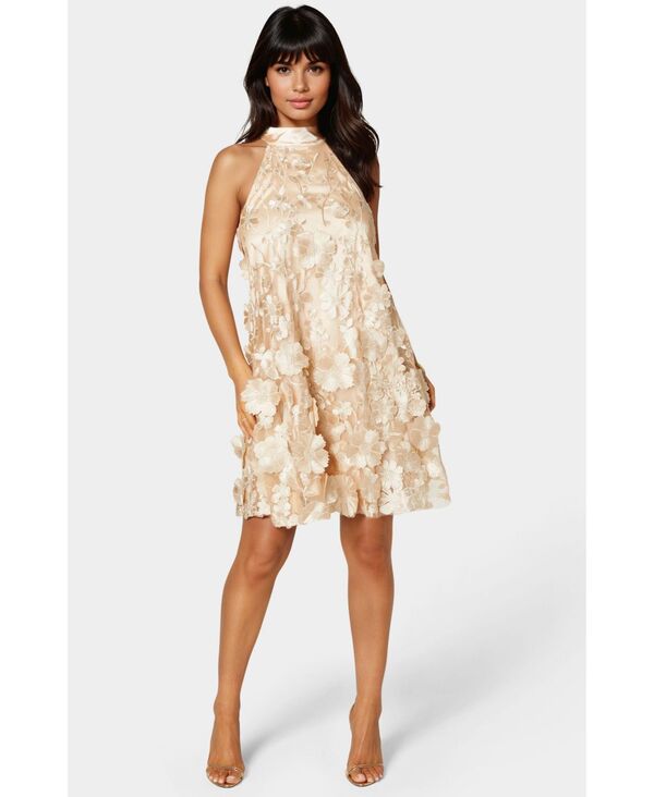 ベベ レディース トップス ワンピース ミニワンピース フラワー柄 ミニ フラワー ホルター Bebe Women's 3D Floral Halter Mini Dress Champagne シャンパン