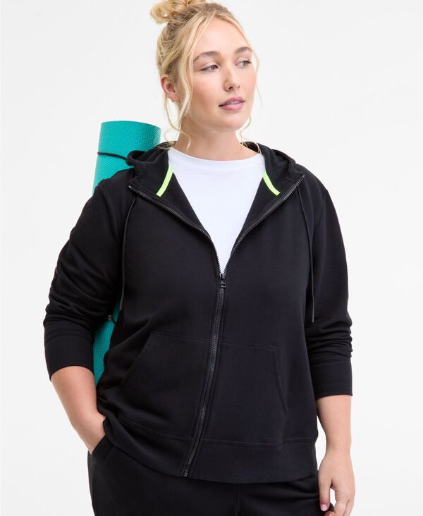 イデオロギー レディース アウター パーカー・スウェット 長袖 フリース パーカー ID Ideology Women Relaxed Zip-Front Long-Sleeve Fleece Hoodie XS-4X Deep Black ブラック