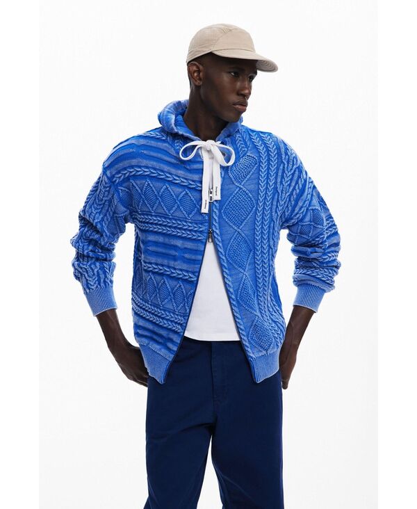 デジグアル メンズ アウター 編み物・プルオーバー Desigual Men\u0027s Zipper sweater with braided design Royal blue 青味