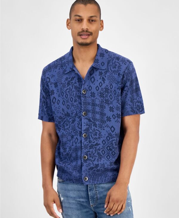 サンストーン メンズ アウター ニット・セーター プリント 半袖 カーディガン Sun + Stone Men's Printed Short-Sleeve Cardigan Weathered Indigo インディゴ