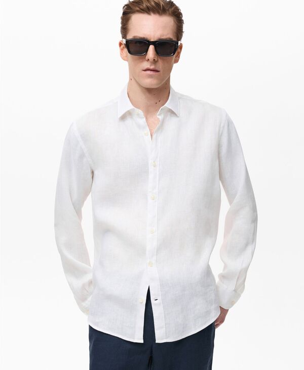 マンゴ メンズ トップス シャツ リネン MANGO Men's Linen Long Sleeve Shirt White ホワイト|ReVida 店