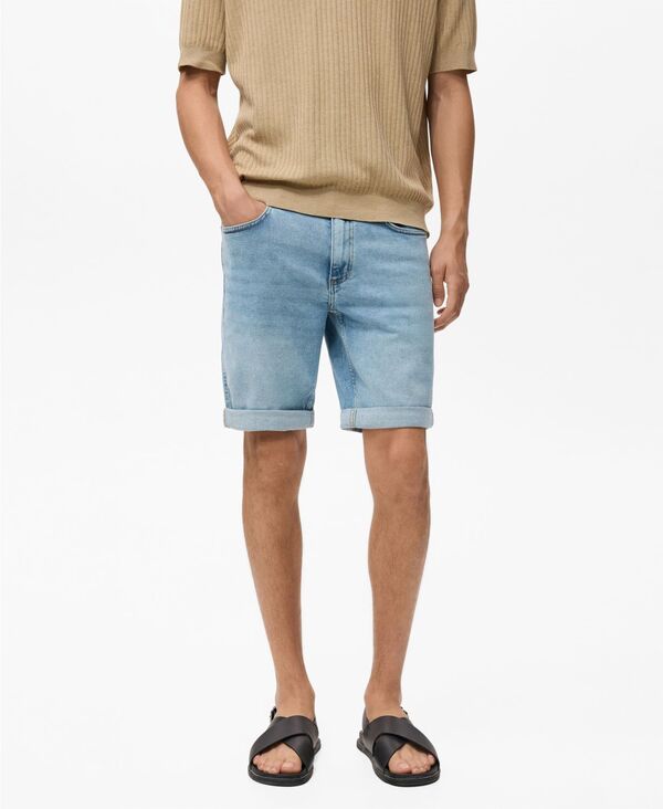 マンゴ メンズ ボトムス ハーフパンツ・ショーツ ショートパンツ デニム MANGO Men's Slim-Fit Denim Bermuda Shorts Medium Blue ブルー｜ReVida 店