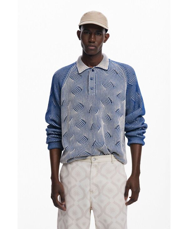 デジグアル メンズ アウター ニット・セーター ポロシャツ セーター Desigual Men Heathered polo sweater Blue ブルー