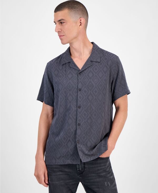 ゲス メンズ トップス シャツ GUESS Short Sleeve Diamond Jacquard Button-Front Camp Shirt New Asphalt