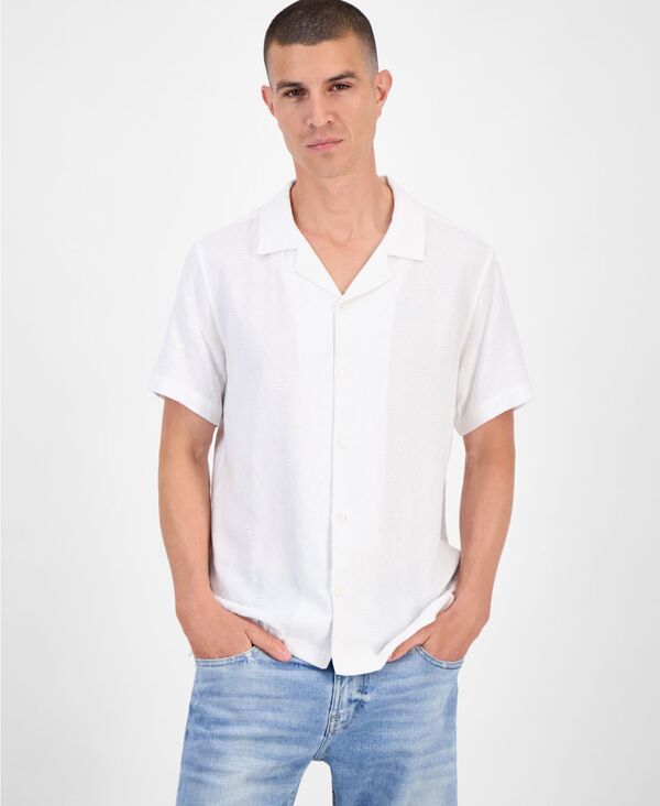 ゲス メンズ トップス プルオーバー GUESS Short Sleeve Diamond Jacquard Button-Front Camp Shirt Salt White 白いこと