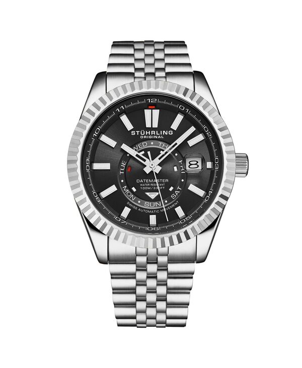 ストゥーリング レディース アクセサリー 腕時計 Tシャツ Stuhrling Datemaster II Men s Swiss Automatic 42mm Stainless Steel Watch Black Dial Fluted Bezel Day & Date 100M Water Resistant Black ブラック|ReVida 店